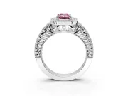 Milgrain Halo Engagement Ring Setting for Fancy Pink Emerald Cut Center with Pave Band and Prong Head in Platinum
