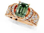 Pave Engagement Ring Setting for Fancy Green Emerald Cut Center with Curved Accent Rows, Openwork and Prong Head in Rose Gold