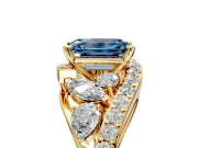 Halo Engagement Ring Setting for Fancy Blue Emerald Cut Center with Marquise and Pave Bypass Band and Prong Head in Yellow Gold