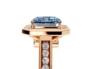 Halo Engagement Ring Setting for Fancy Blue Emerald Cut Center with Outer Bezel Rim, Pave Band and Prong Head in Rose Gold