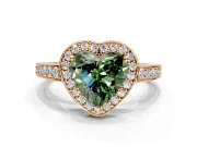 Bezel-Framed Halo Engagement Ring Setting for Fancy Green Heart-Shaped Center with Pave Band and Prong Head in Rose Gold