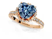 Halo Engagement Ring Setting for Fancy Blue Heart-Shaped Center with Openwork Halo, Pave Band and Prong Head in Rose Gold