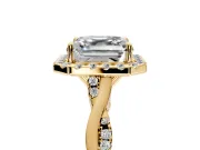 Halo Engagement Ring Setting for Asscher Cut Center with Twist Band and Prong Head in Yellow Gold