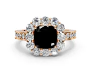 Halo Engagement Ring Setting for Fancy Black Cushion Cut Center with Milgrain Channel Band and Prong Head in Rose Gold