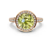 Halo Engagement Ring Setting for Fancy Yellow Round Cut Center with Metal-Rimmed Halo, Pave Band and Prong Head in Rose Gold
