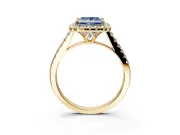 Halo Engagement Ring Setting for Fancy Blue Princess Cut Center with Raised Halo, Pave Band and Prong Head in Yellow Gold
