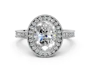 Halo Engagement Ring Setting for Oval Center with Milgrain Halo, Pave Band and Prong Head in Platinum