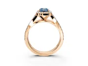 Halo Engagement Ring Setting for Fancy Blue Emerald Cut Center with Narrow Pave Split Shank and Prong Head in Rose Gold