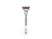 3 Stone Engagement Ring Setting for Fancy Pink Emerald Cut Center with Round Cut Side Accents and Prong Head in Sterling Silver