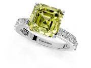 Solitaire Engagement Ring Setting for Fancy Yellow Asscher Cut Center with Milgrain-Edged Pave Band and Prong Head in White Gold