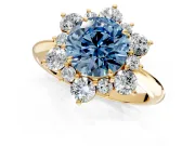 Small-Accent Cluster Halo Engagement Ring Setting for Fancy Blue Round Cut Center with Plain Band and Prong Head in Yellow Gold