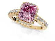 Halo Engagement Ring Setting for Fancy Pink Radiant Cut Center with Full Pave Band and Prong Head in Yellow Gold
