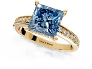 Solitaire Engagement Ring Setting for Fancy Blue Princess Cut Center with Channel-Set Accent Band and Prong Head in Yellow Gold