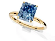 Hidden Halo Engagement Ring Setting for Fancy Blue Radiant Cut Center with Thin Rounded Band and Prong Head in Yellow Gold