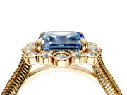 Milgrain Halo Engagement Ring Setting for Fancy Blue Asscher Cut Center with Bezel Point Accents and Prong Head in Yellow Gold