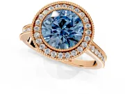 Halo Engagement Ring Setting for Fancy Blue Round Cut Center with Milgrain Pave Band and Bezel Head in Rose Gold