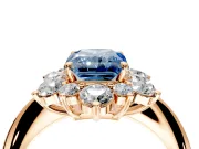 Small-Accent Cluster Halo Engagement Ring Setting for Fancy Blue Radiant Cut Center with Plain Band and Prong Head in Rose Gold