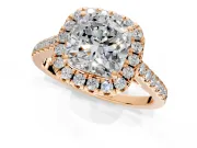 Halo Engagement Ring Setting for Cushion Cut Center with Raised Halo, Pave Band and Prong Head in Rose Gold