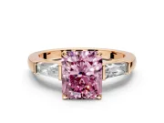 3 Stone Engagement Ring Setting for Fancy Pink Radiant Cut Center with Tapered Baguettes, Plain Band and Prong Head in Rose Gold