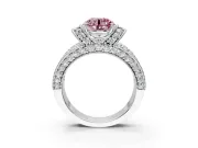 Pave Engagement Ring Setting for Fancy Pink Round Cut Center with Curved Accent Rows, Openwork and Prong Head in Sterling Silver