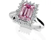 Starburst Halo Engagement Ring Setting for Fancy Pink Emerald Cut Center with Thin Round-Wire Band and Prong Head in Platinum