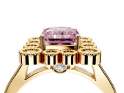 Cluster Halo Engagement Ring Setting for Fancy Pink Radiant Cut Center with Milgrain Bezel Accents and Prong Head in Yellow Gold