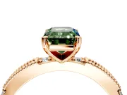 Solitaire Engagement Ring Setting for Fancy Green Emerald Cut Center with Milgrain-Edged Pave Band and Prong Head in Rose Gold