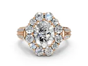 Large Accent Halo Engagement Ring Setting for Oval Center with Pave Split Shank and Prong Head in Rose Gold
