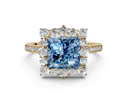 Halo Engagement Ring Setting for Fancy Blue Princess Cut Center with Single-Row Pave, Open Basket and Prong Head in Yellow Gold