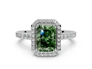 Halo Engagement Ring Setting for Fancy Green Radiant Cut Center with Inner Milgrain Border and Prong Head in Platinum