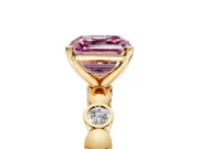 Solitaire Engagement Ring Setting for Fancy Pink Asscher Cut Center with Beaded Bezel Station Band and Prong Head in Yellow Gold