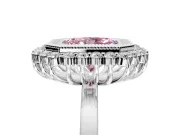 Halo Engagement Ring Setting for Fancy Pink Radiant Cut Center with Milgrain Bezel Rim, Plain Band and Prong Head in Platinum