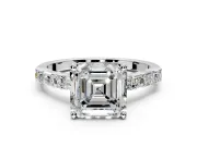 Baguette Engagement Ring Setting for Asscher Cut Center with Alternating Bar-Set Band and Prong Head in Platinum