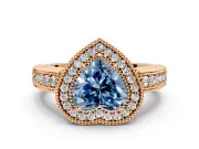 Milgrain Halo Engagement Ring Setting for Fancy Blue Heart-Shaped Center with Pave Band and Prong Head in Rose Gold