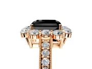 Halo Engagement Ring Setting for Fancy Black Radiant Cut Center with Milgrain Channel Band and Prong Head in Rose Gold