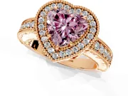 Milgrain Halo Engagement Ring Setting for Fancy Pink Heart-Shaped Center with Pave Band and Prong Head in Rose Gold