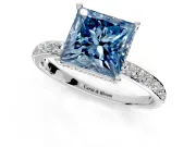 Hidden Halo Engagement Ring Setting for Fancy Blue Princess Cut Center with Pave Band and Prong Head in White Gold