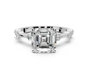 Solitaire Engagement Ring Setting for Asscher Cut Center with Bezel Station Band and Prong Head in Sterling Silver