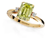 3 Stone Engagement Ring Setting for Fancy Yellow Emerald Cut Center with Low-Set Round Cut Accents and Prong Head in Yellow Gold