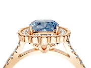 Milgrain Floral Halo Engagement Ring Setting for Fancy Blue Cushion Cut Center with Pave Band and Prong Head in Rose Gold
