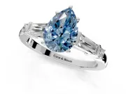 Bar-Set Engagement Ring Setting for Fancy Blue Pear-Shaped Center with Tapered Baguette Accents and Prong Head in White Gold