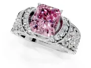 Pave Engagement Ring Setting for Fancy Pink Radiant Cut Center with Curved Accent Rows, Openwork and Prong Head in Sterling Silver