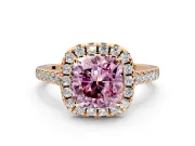 Halo Engagement Ring Setting for Fancy Pink Cushion Cut Center with Raised Halo, Pave Band and Prong Head in Rose Gold