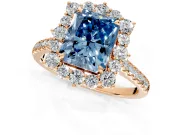 Halo Engagement Ring Setting for Fancy Blue Radiant Cut Center with Single-Row Pave, Open Basket and Prong Head in Rose Gold