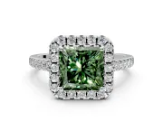 Halo Engagement Ring Setting for Fancy Green Princess Cut Center with Raised Halo, Pave Band and Prong Head in White Gold