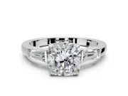 3 Stone Engagement Ring Setting for Cushion Cut Center with Baguette Accents and Prong Head in White Gold