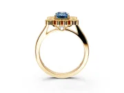 Cluster Halo Engagement Ring Setting for Fancy Blue Emerald Cut Center with Milgrain Bezel Accents and Prong Head in Yellow Gold