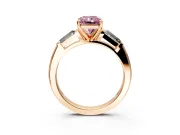 3 Stone Engagement Ring Setting for Fancy Pink Radiant Cut Center with Tapered Baguettes, Plain Band and Prong Head in Rose Gold