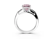 3 Stone Engagement Ring Setting for Fancy Pink Princess Cut Center with Tapered Baguettes, Plain Band and Prong Head in White Gold