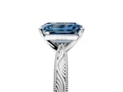 Solitaire Engagement Ring Setting for Fancy Blue Emerald Cut Center with Engraved Milgrain Band and Prong Head in White Gold